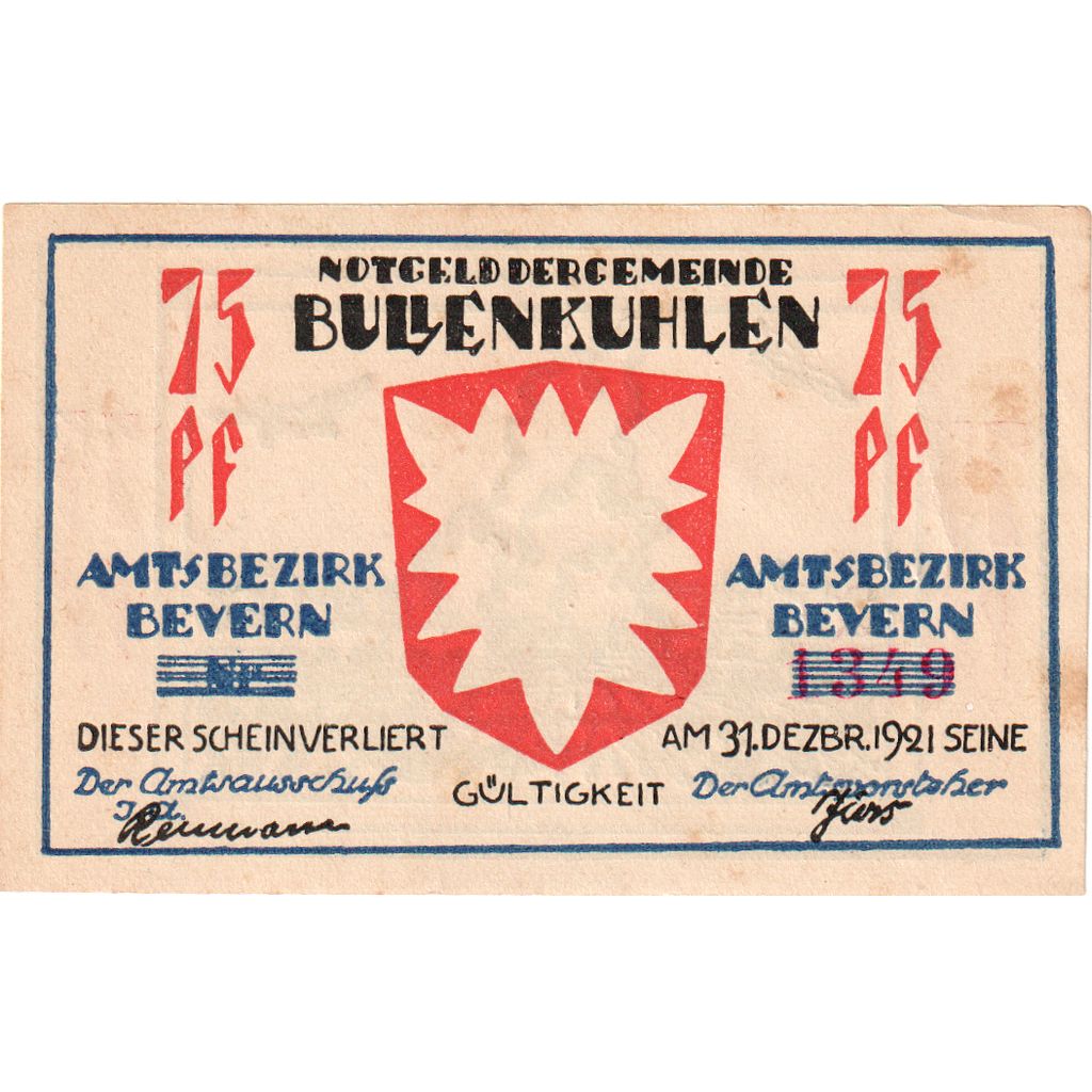 Germany, Bullenkuhlen, 75 Pfennig, 1921-12-31, AU(55-58)