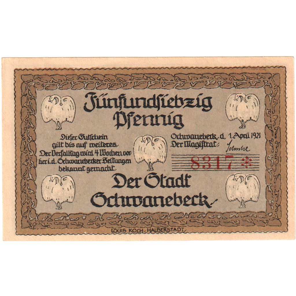 Alemania, Schwanebeck, 75 Pfennig, 1921-04-01, SC