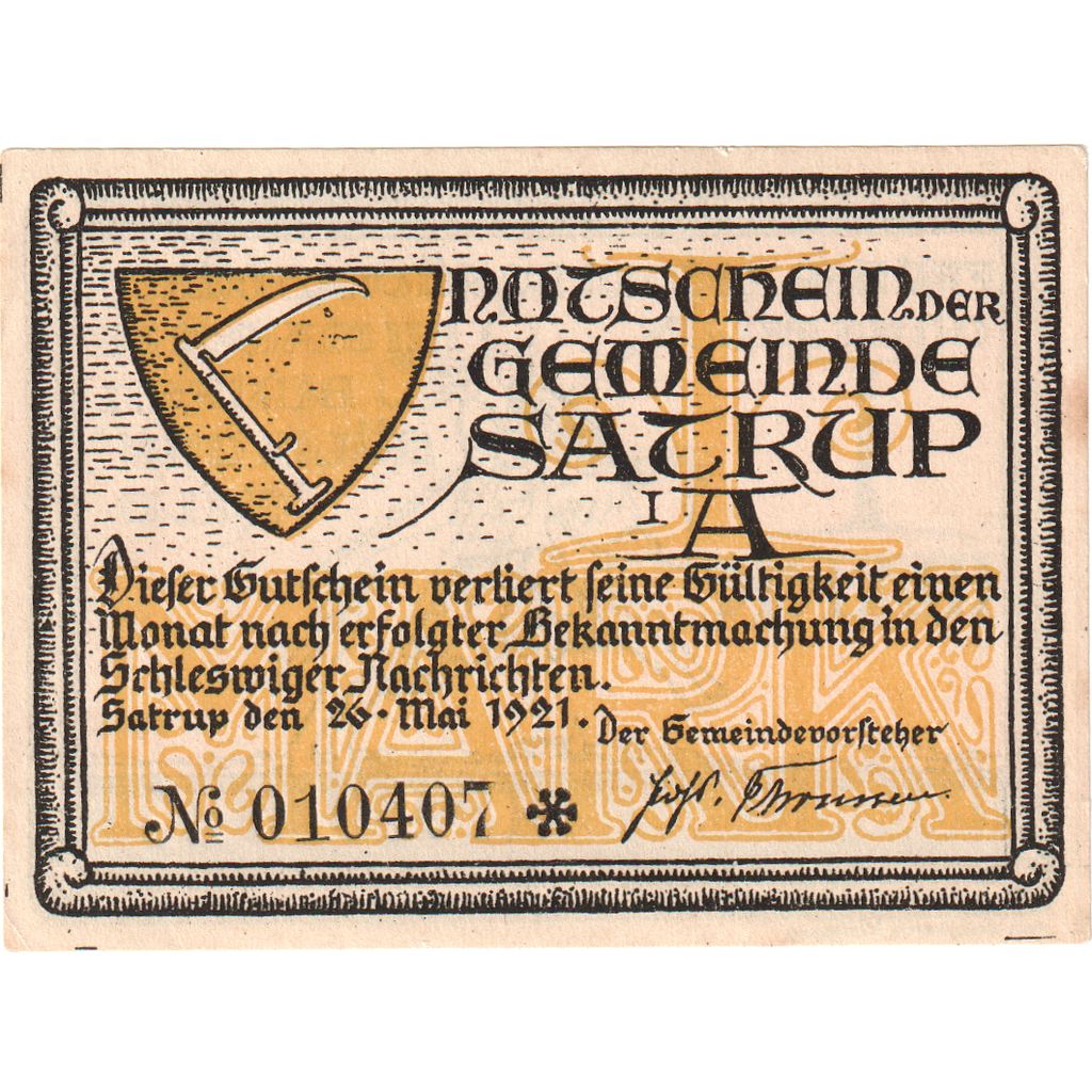 Alemania, Satrup, 1 Mark, 1921-05-26, EBC