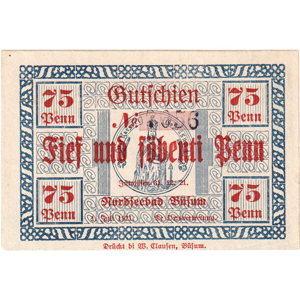 Alemania, Büsum, 75 Pfennig, 1921-12-31, EBC+