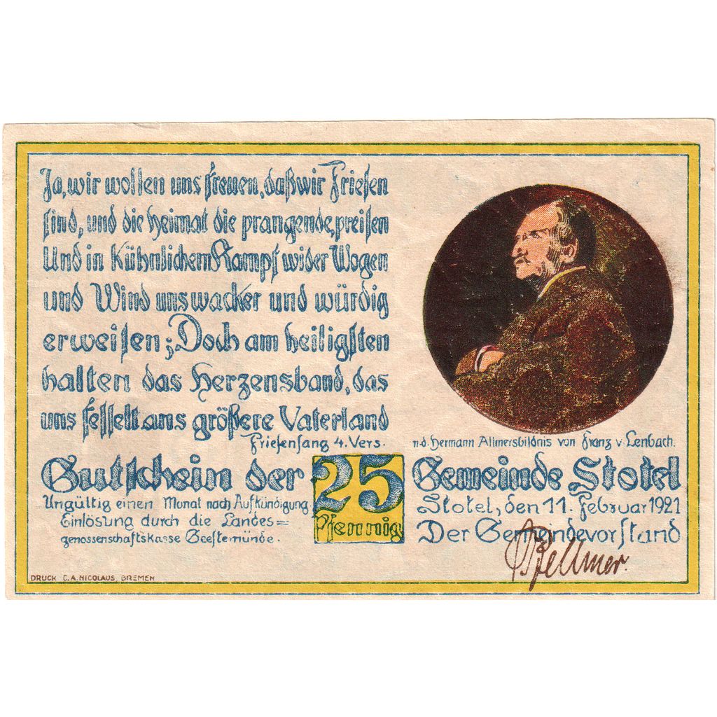 Alemanha, Stotel, 25 Pfennig, 1921-02-11, UNC(63)