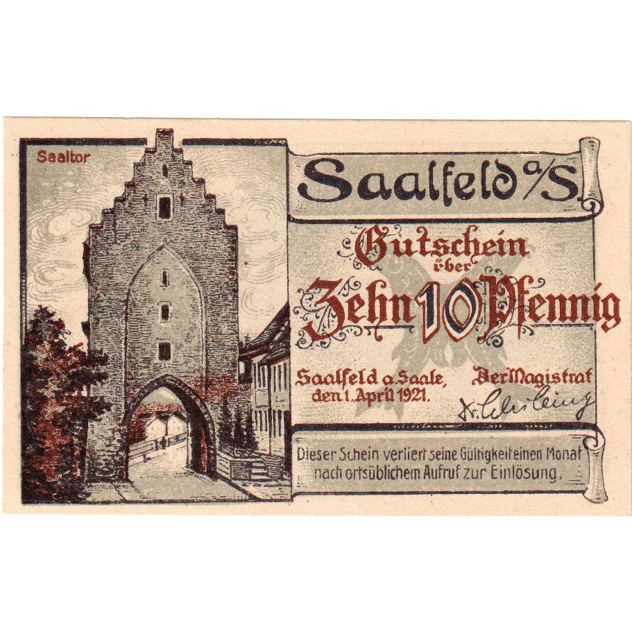 Germania, Saalfeld, 10 Pfennig, 1921-04-01, SPL