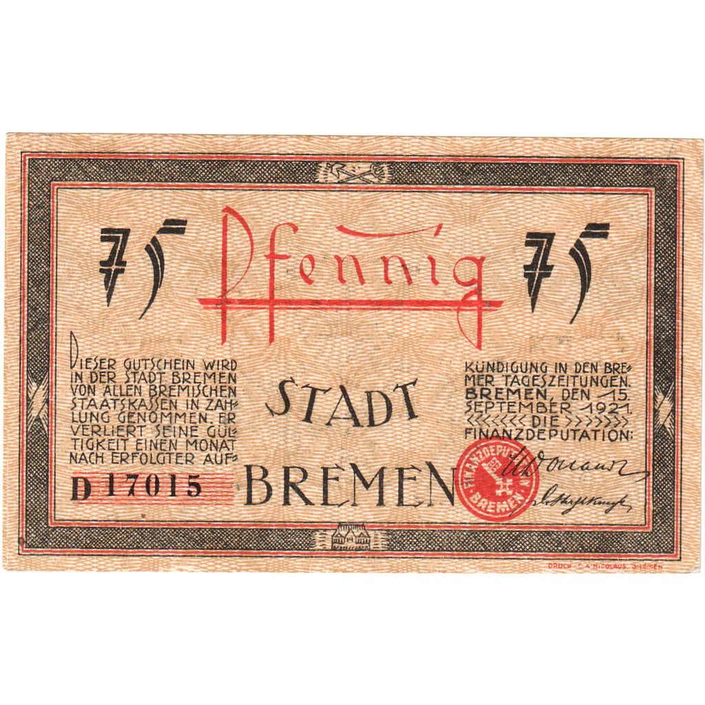 Alemania, Bremen, 75 Pfennig, 1921-09-15, SC