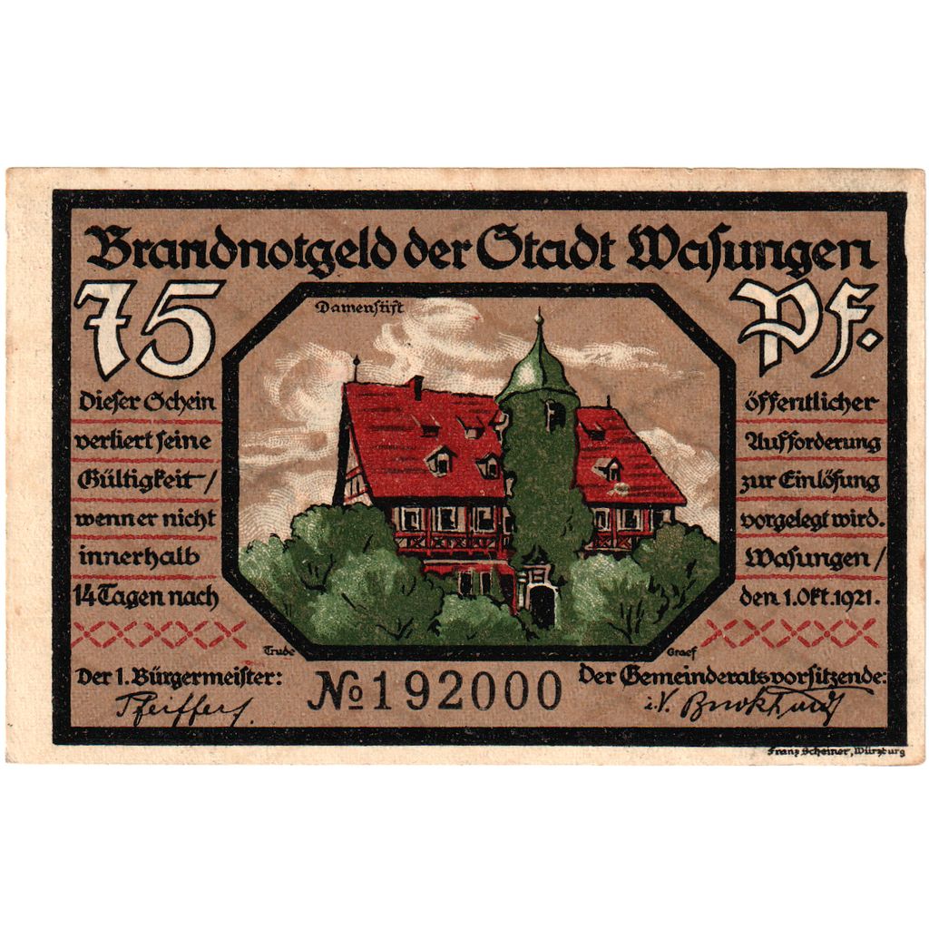 Niemcy, Wasungen, 75 Pfennig, 1921-10-01, AU(55-58)