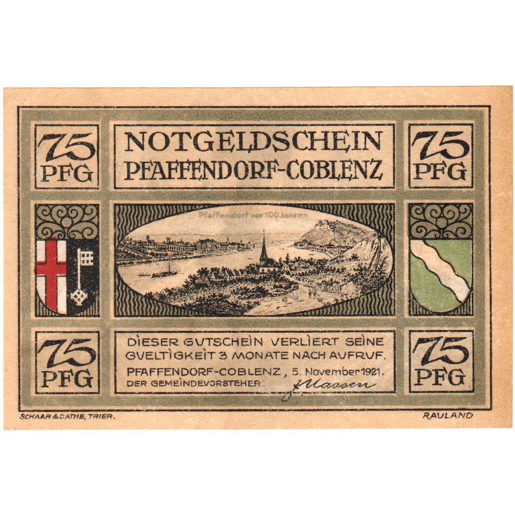Deutschland, Pfaffendorf-coblenz, 75 Pfennig, 1921-11-05, UNZ-