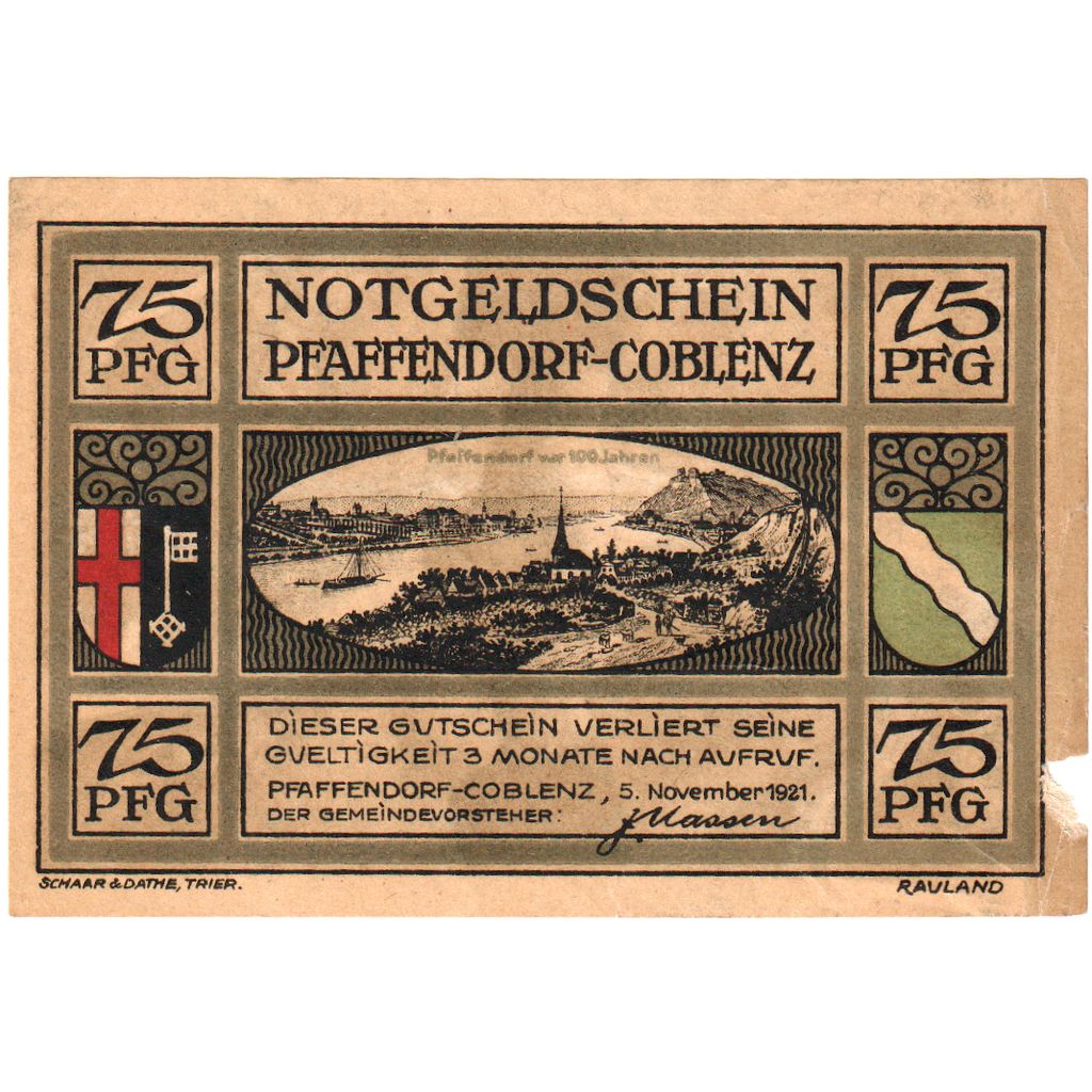 Duitsland, Pfaffendorf-coblenz, 75 Pfennig, 1921-11-05, SPL