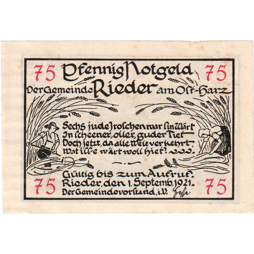 Germany, Rieder, 75 Pfennig, AU(55-58)
