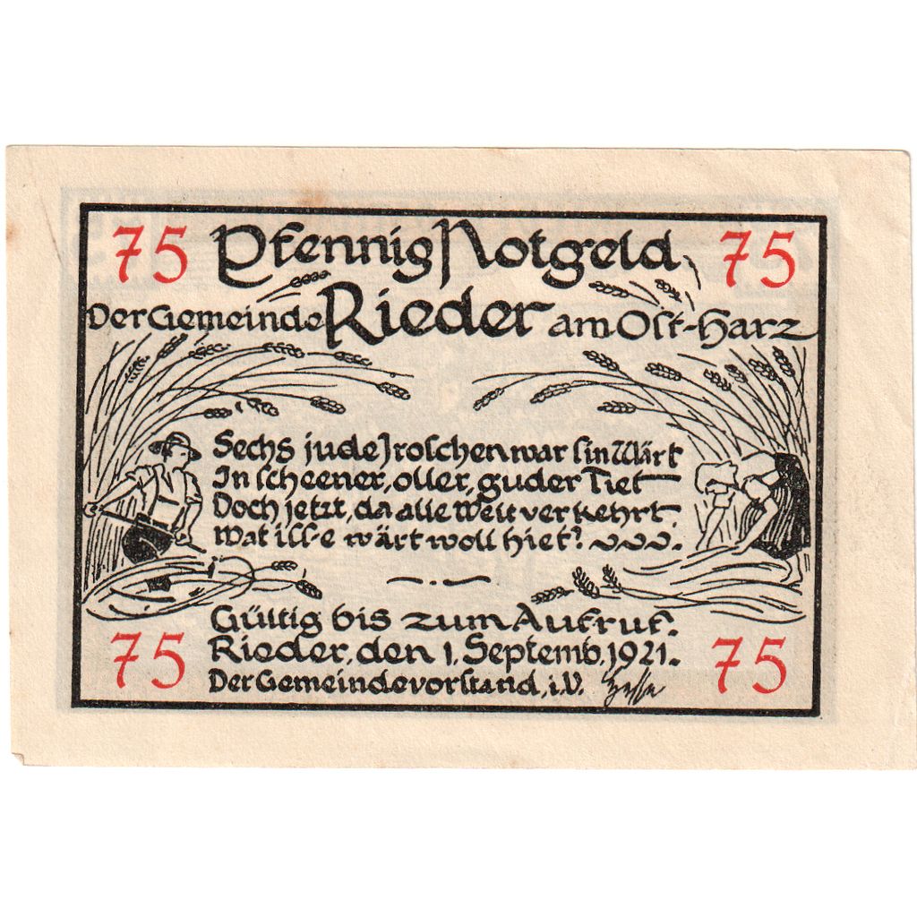 Germany, Rieder, 75 Pfennig, AU(55-58)