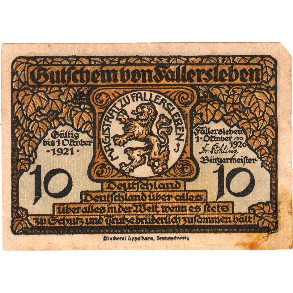 Germany, Fallersleben, 10 Pfennig, 1921-10-01, VF(20-25)