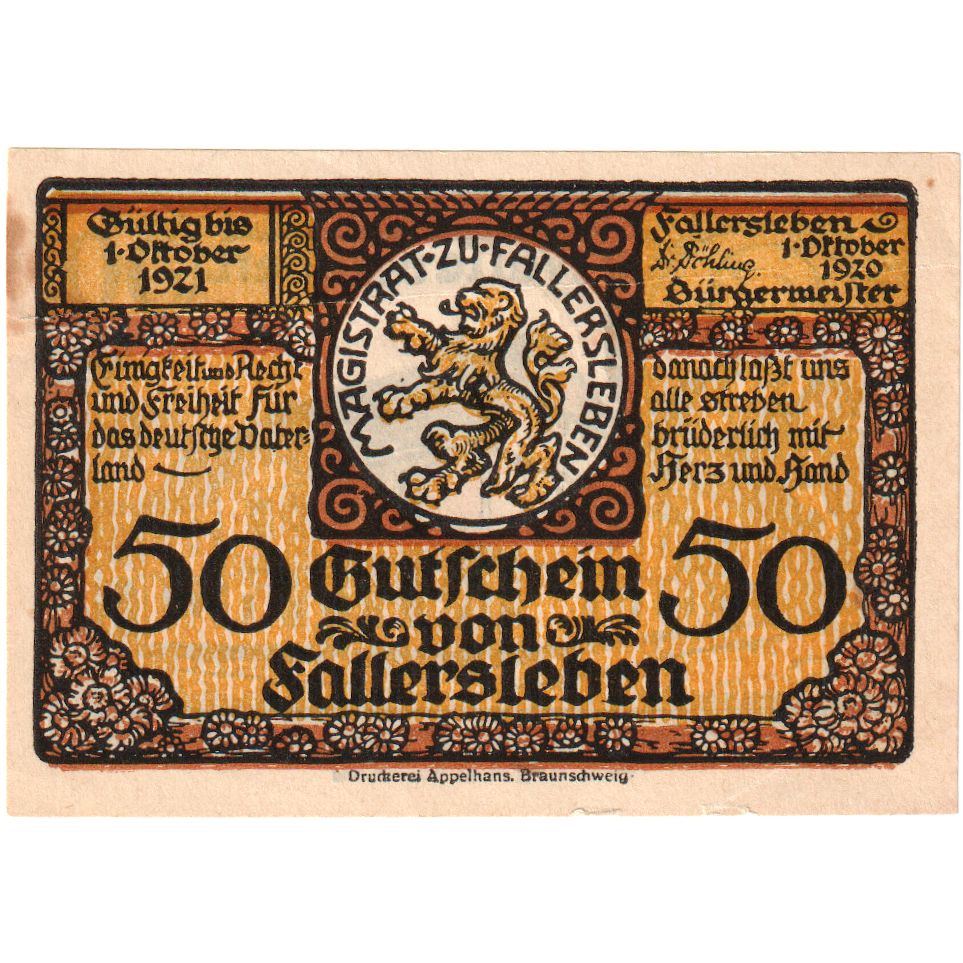 Germany, Fallersleben, 50 Pfennig, 1921-10-01, AU(55-58)