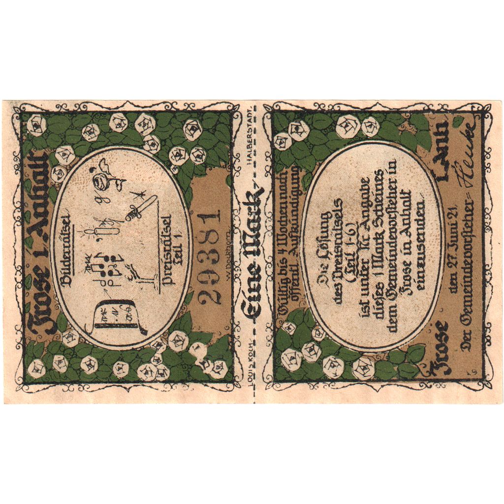 Germany, Frose, 1 Mark, 1921-06-27, UNC(63)