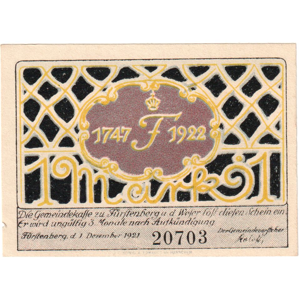 Germany, Fürstenberg, 1 Mark, 1921-12-01, UNC(63)
