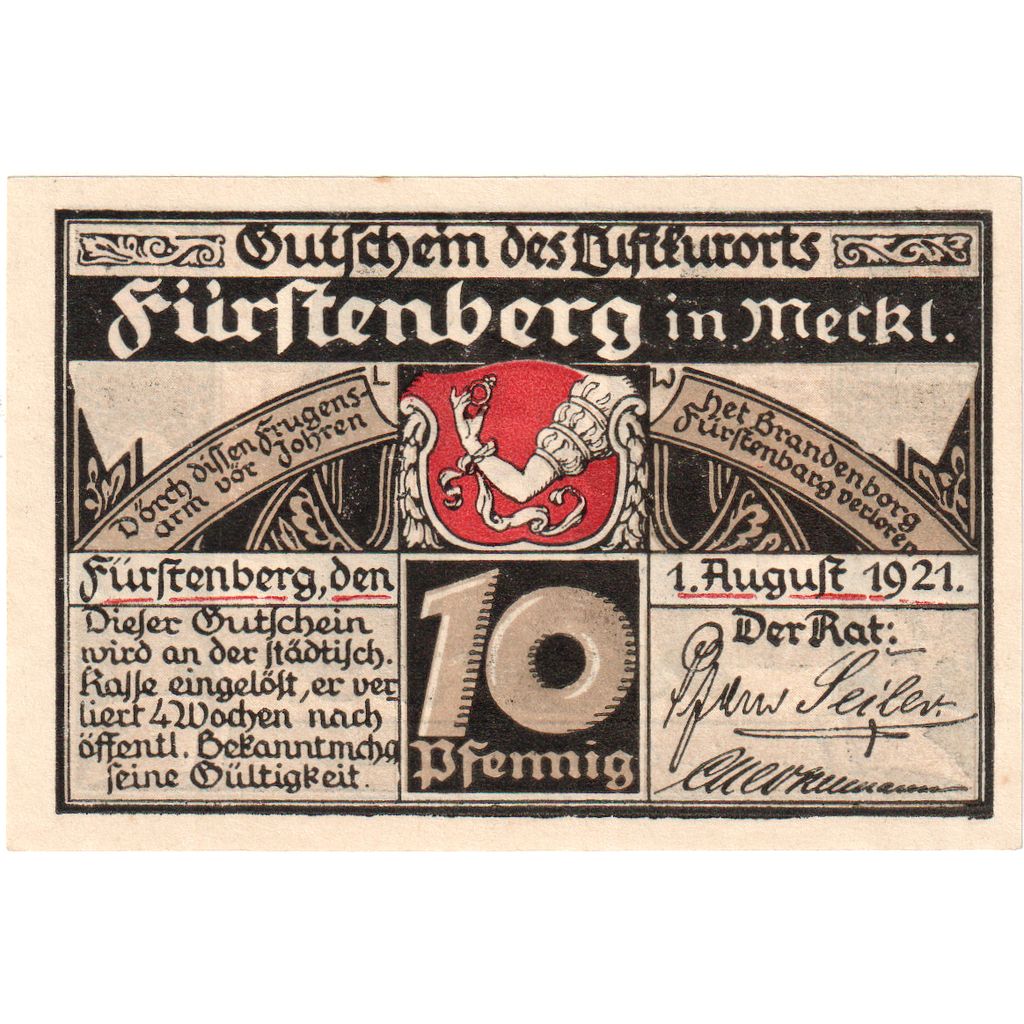 Germany, Furstenberg in Meckl, 10 Pfennig, 1921-08-01, UNC(63)