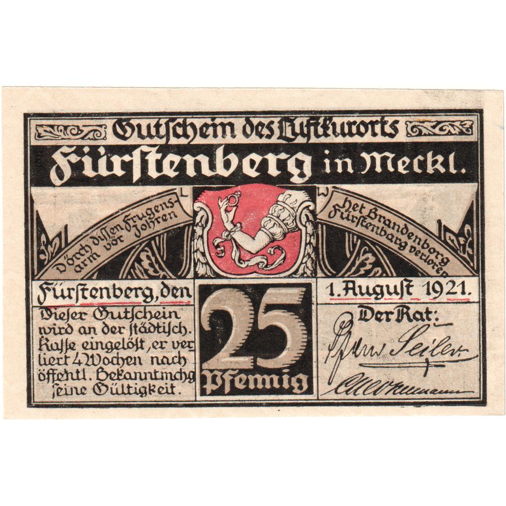 Germany, Furstenberg in Meckl, 25 Pfennig, 1921-08-01, UNC(63)