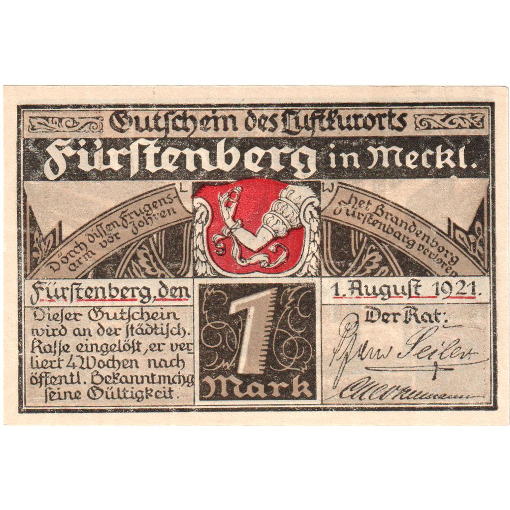 Germany, Furstenberg in Meckl, 1 Mark, 1921-08-01, UNC(63)