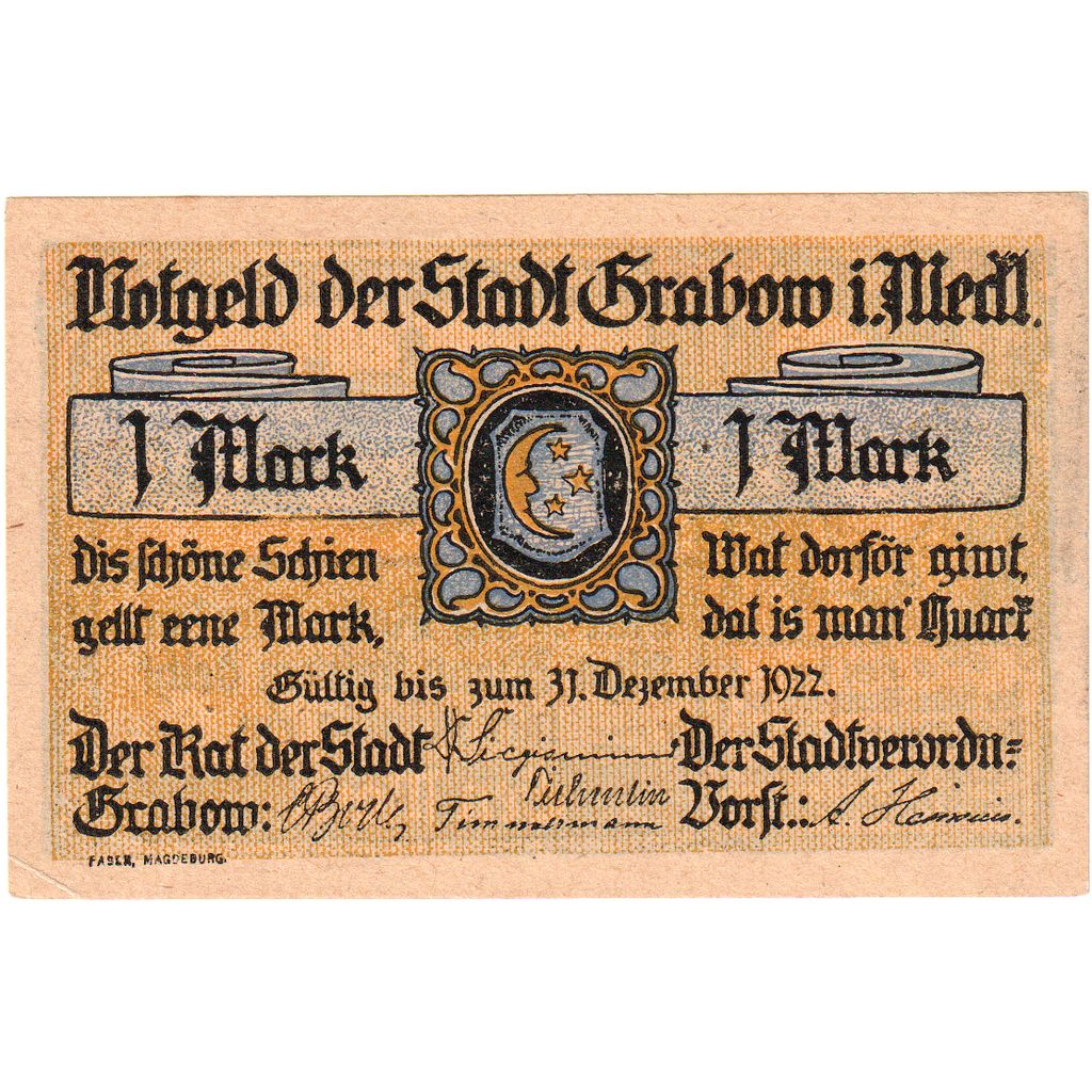 Germany, Grabow, 1 Mark, 1922-06-30, UNC(63)