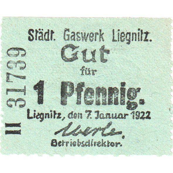 Deutschland, Gaswerk Liegnitz, 1 Pfennig, 1922-01-07, UNZ-