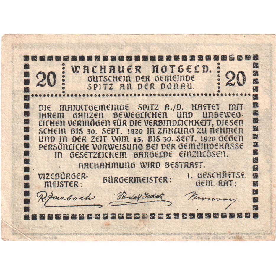 Austria, Spitz an der Donau, 20 Heller, 1921-09-30, EF(40-45)