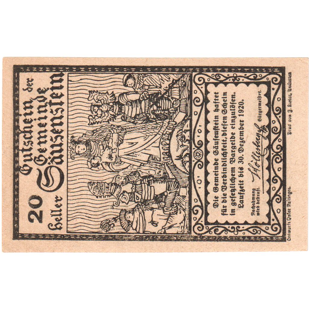 Austria, Säusenstein, 20 Heller, 1920-12-30, UNC(63)