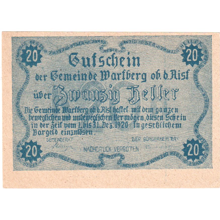 Austria, Wartberg ob der Aist, 20 Heller, 1920-12-31, UNC(63)