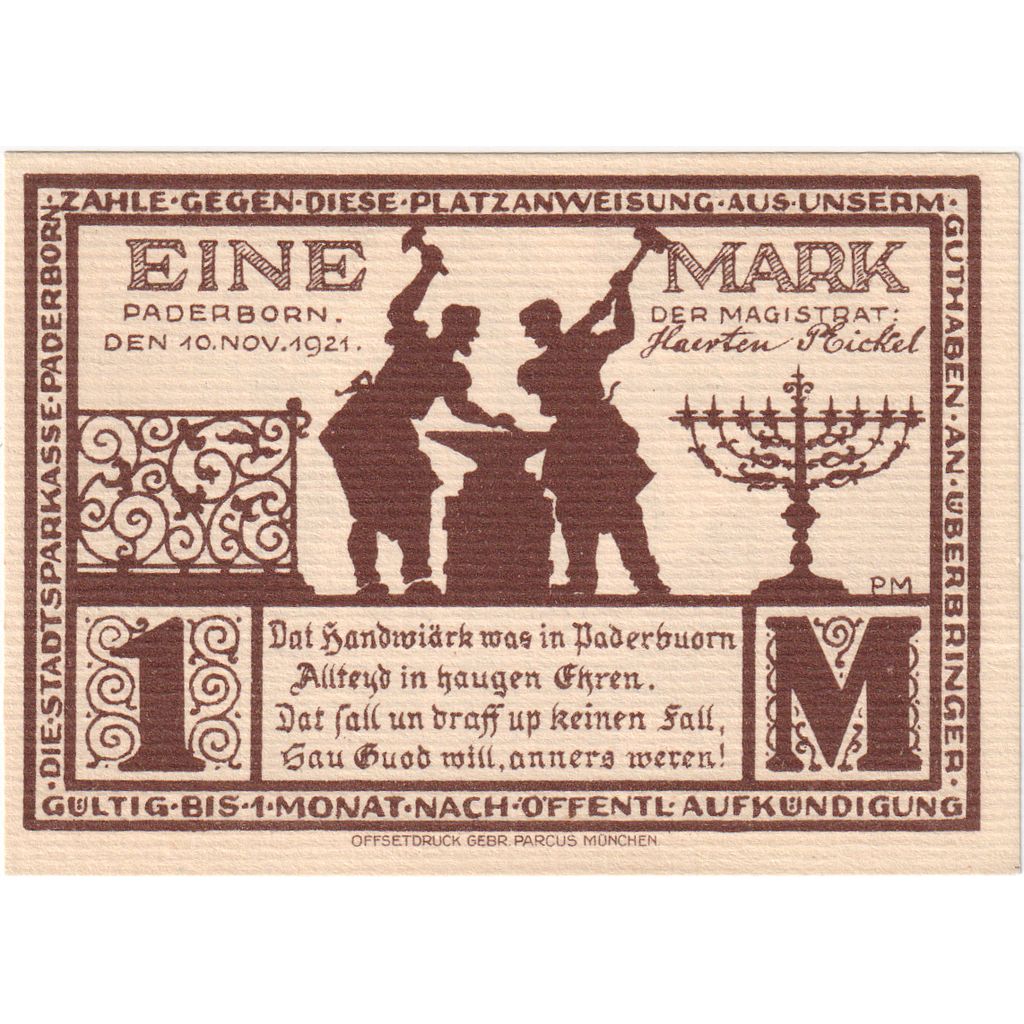 Alemania, Paderborn, 1 Mark, 1921-11-10, SC
