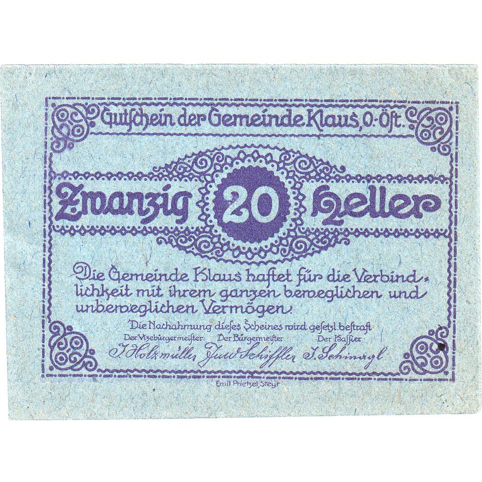 Austria, Klaus, 20 Heller, 1920-03-27, SC
