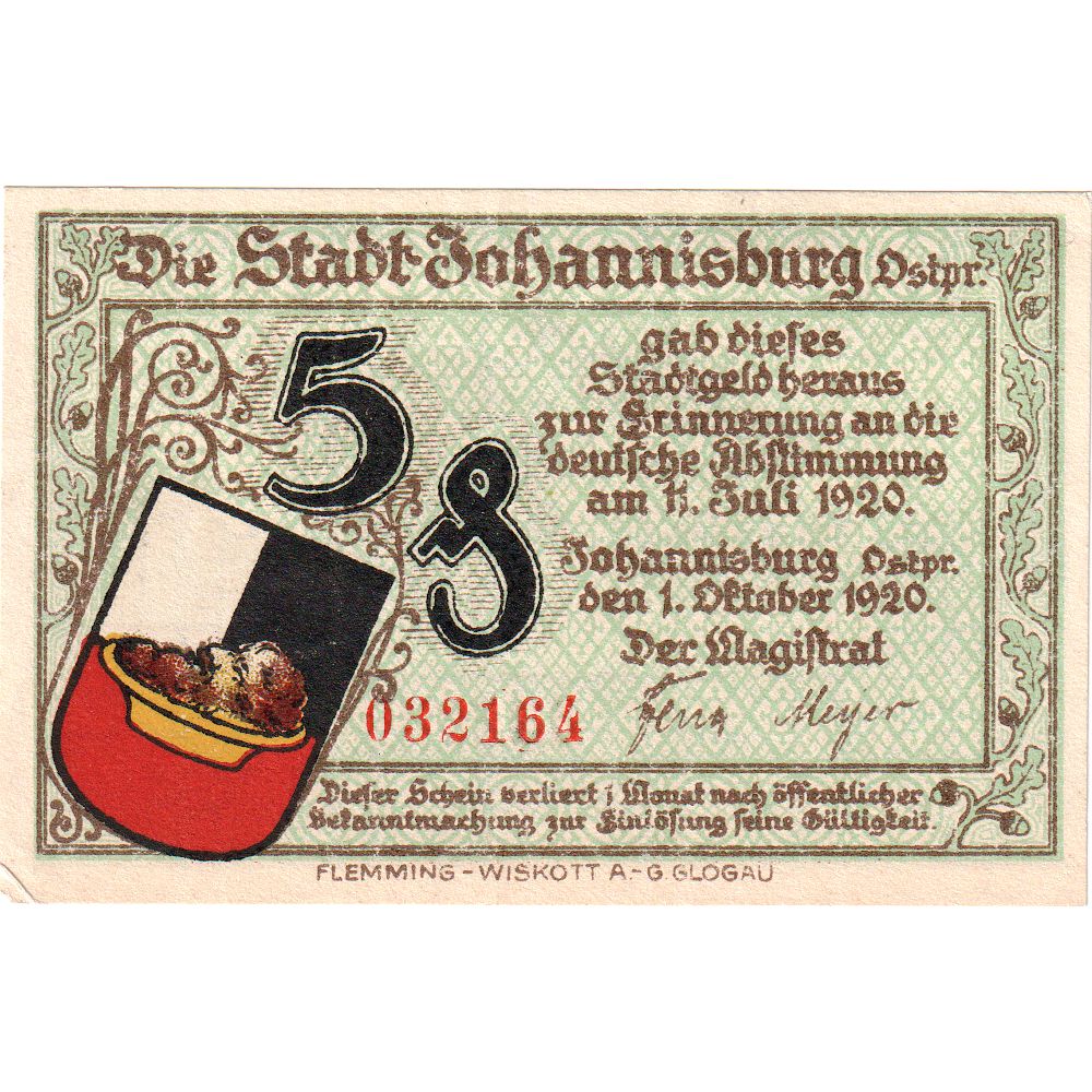 Alemania, Johannisburg, 5 Pfennig, 1921-10-01, SC