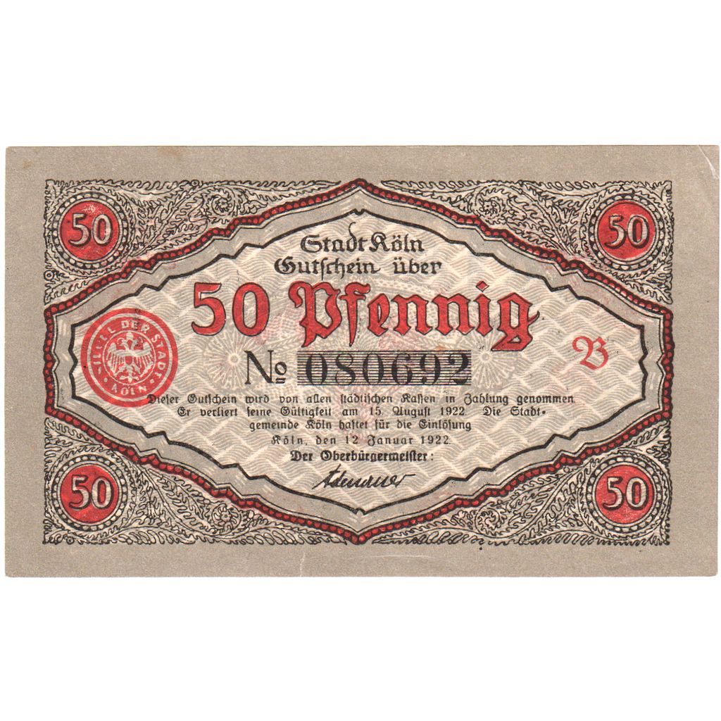 Germany, Köln, 50 Pfennig, 1922-08-15, UNC(63)