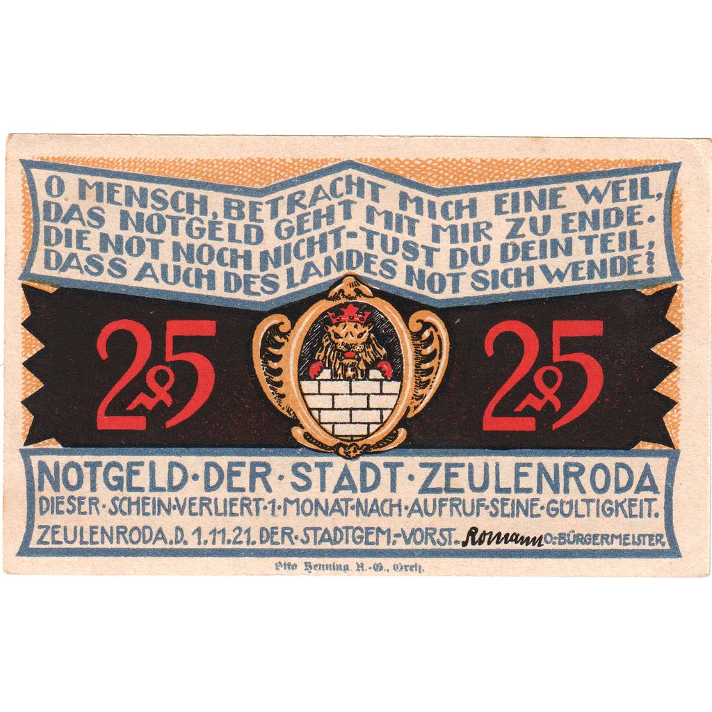 Germany, Zeulenroda, 25 Pfennig, 1921-11-01, UNC(63)
