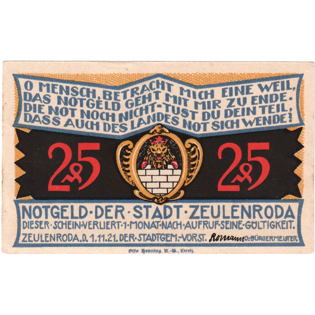 Germany, Zeulenroda, 25 Pfennig, 1921-11-01, UNC(63)