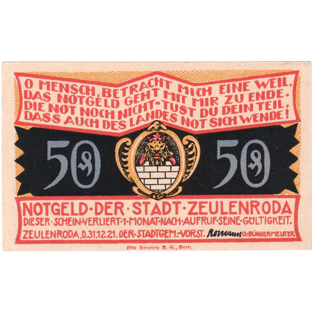 Germany, Zeulenroda, 50 Pfennig, 1921-12-31, UNC(63)