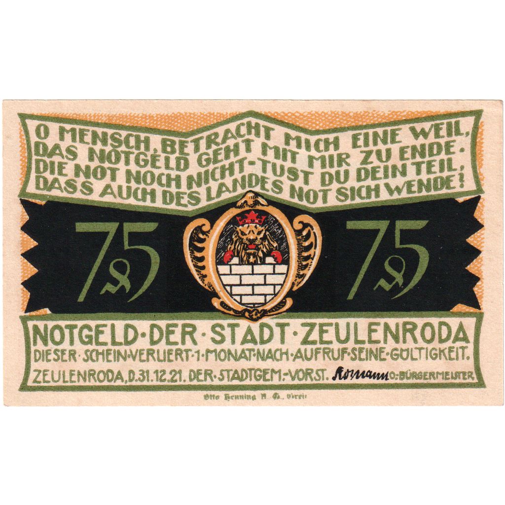 Allemagne, Zeulenroda, 75 Pfennig, 1921-12-31, SUP
