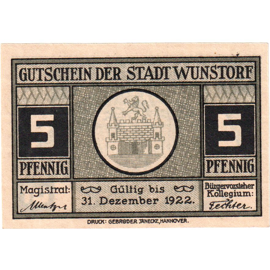 Niemcy, Wunstorf, 5 Pfennig, 1922-12-31, UNC(63)