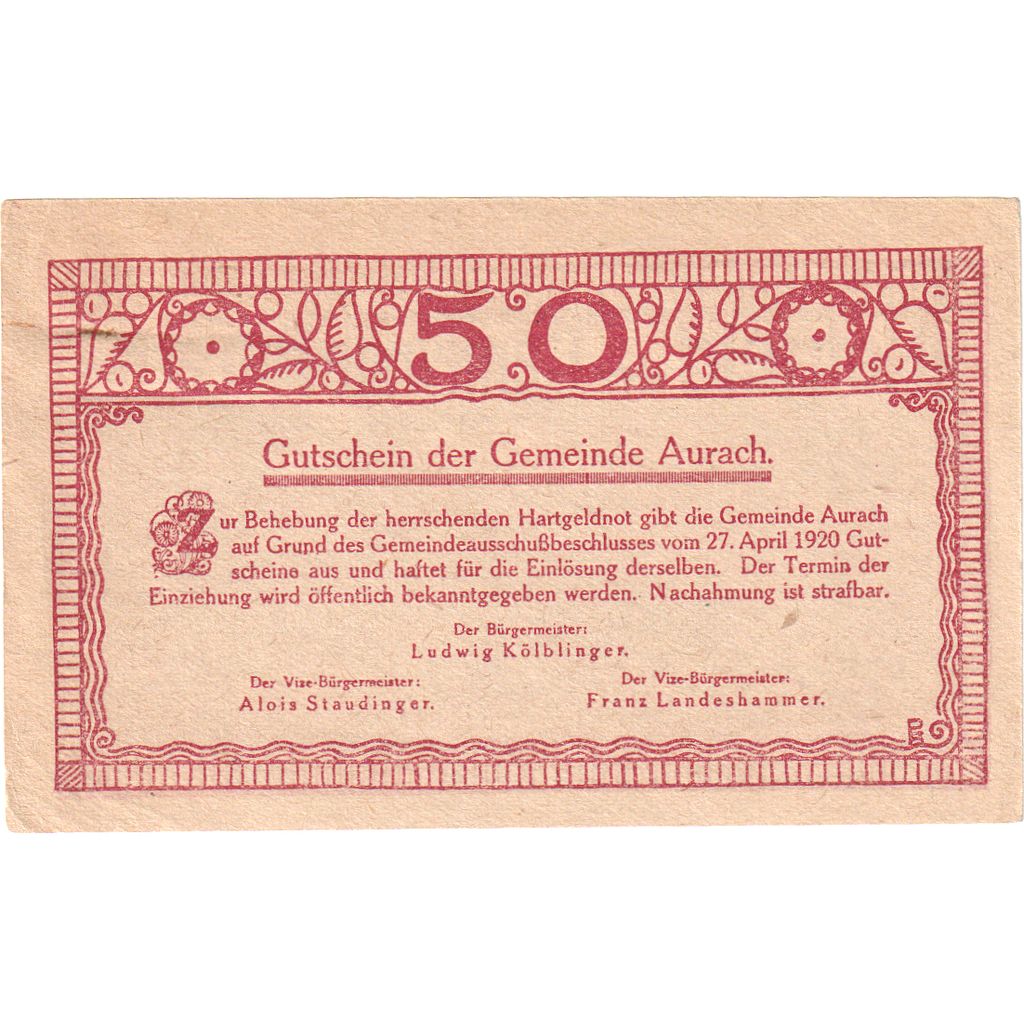 Austria, Aurach, 50 Heller, 1920-04-27, UNC(63)