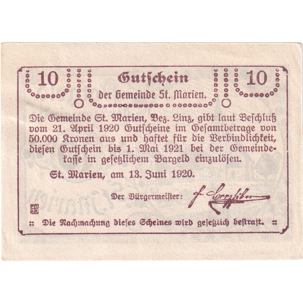 Austria, St Marien, 10 Heller, 1921-05-01, EBC