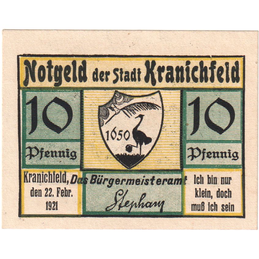 Alemania, Kranichfeld, 10 Pfennig, 1921-02-22, SC