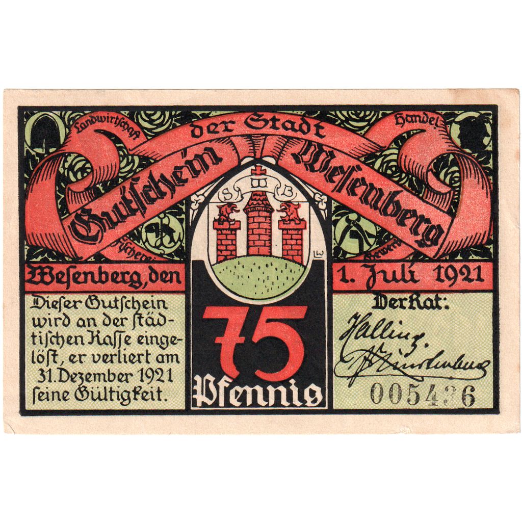 Germany, Wesenberg, 75 Pfennig, 1921-12-31, AU(55-58)