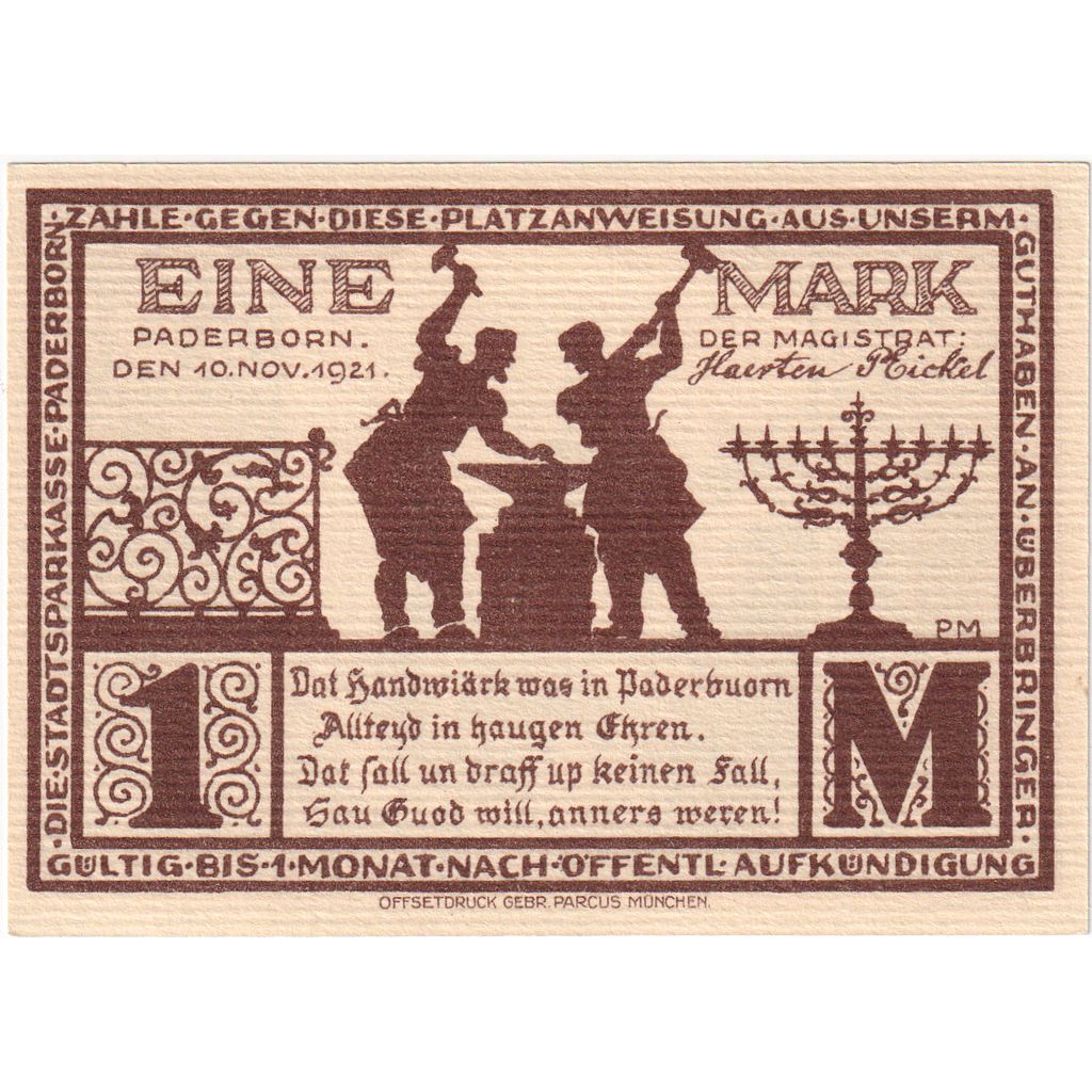 Alemanha, Paderborn, 1 Mark, 1921-11-10, UNC(63)