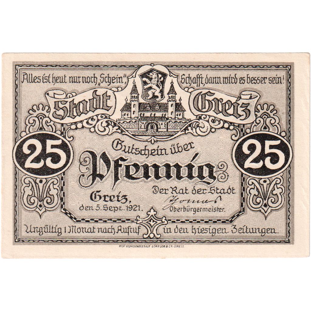 Niemcy, Greiz, 25 Pfennig, 1921-09-05, UNC(63)