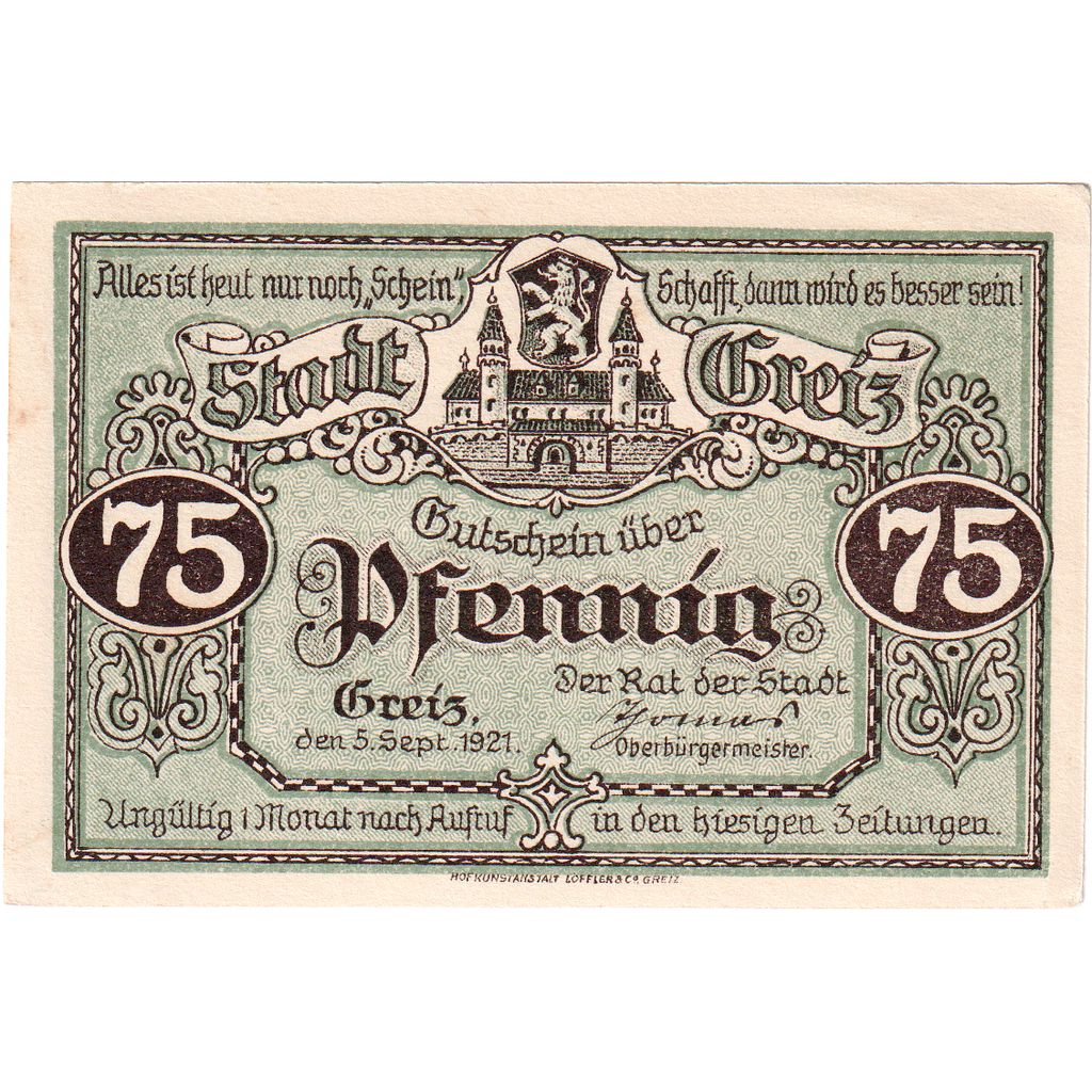 Niemcy, Greiz, 75 Pfennig, 1921-09-05, UNC(63)