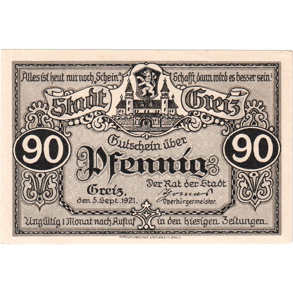 Niemcy, Greiz, 90 Pfennig, 1921-09-05, UNC(63)