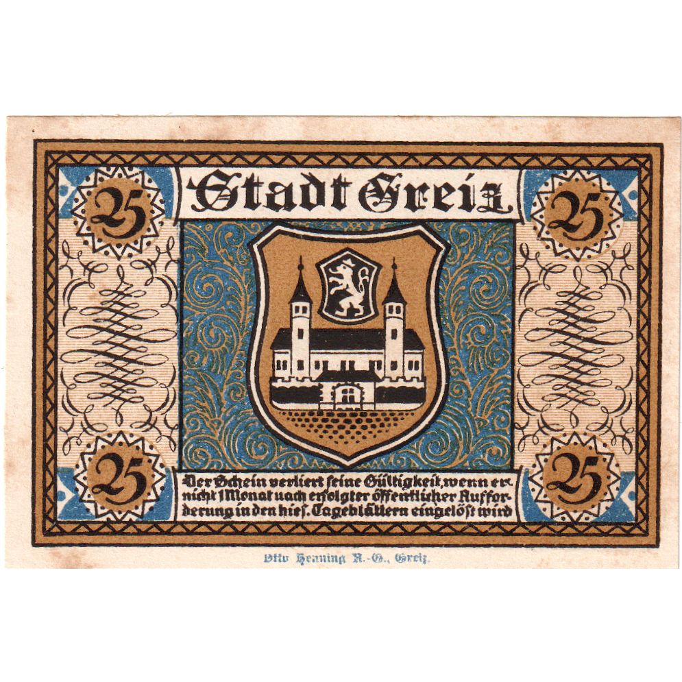 Niemcy, Greiz, 25 Pfennig, 1921-09-05, EF(40-45)