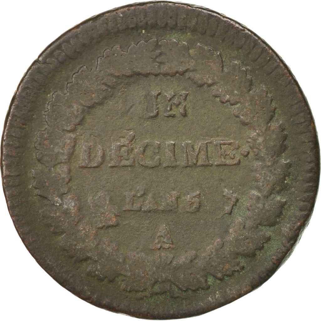 Moneta, Francia, Dupré, Decime, 1796, Paris, B+, Bronzo, KM:645.1, Gadoury:185