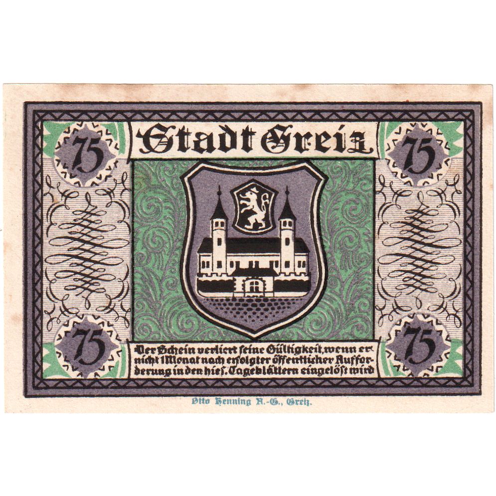 Niemcy, Greiz, 75 Pfennig, 1921-09-05, EF(40-45)