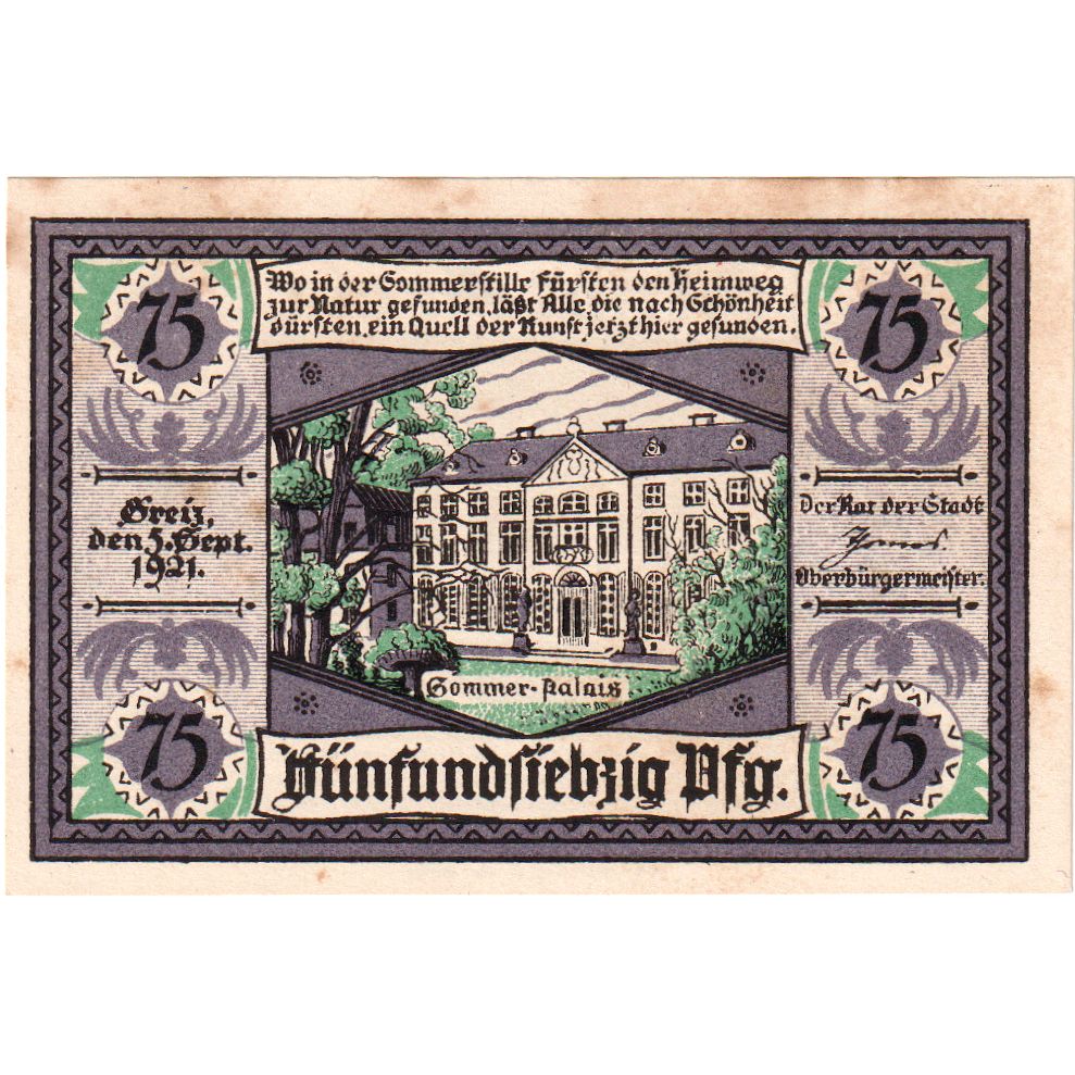 Niemcy, Greiz, 75 Pfennig, 1921-09-05, EF(40-45)