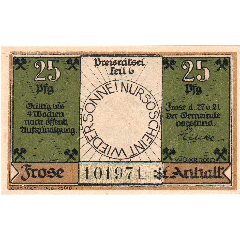Alemania, Frose in Anhalt, 25 Pfennig, 1921-06-27, SC