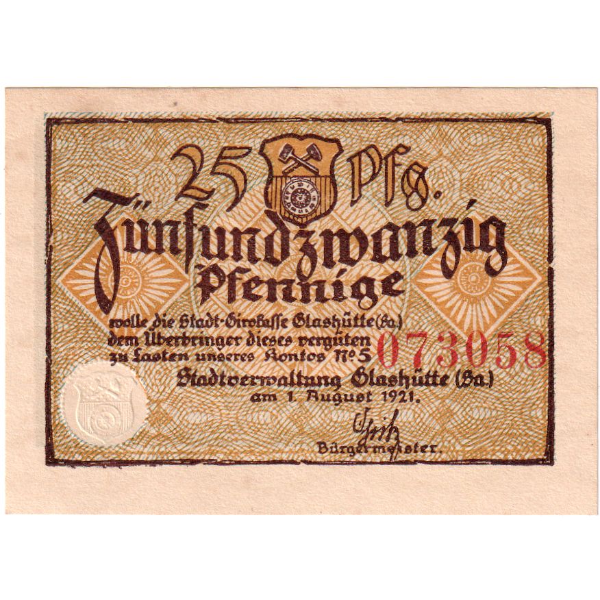 Niemcy, Glashutte, 25 Pfennig, 1921-08-01, UNC(63)