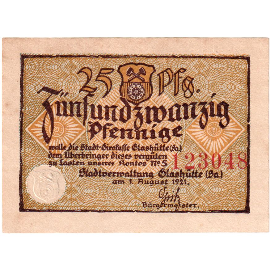 Niemcy, Glashutte, 25 Pfennig, 1921-08-01, UNC(63)