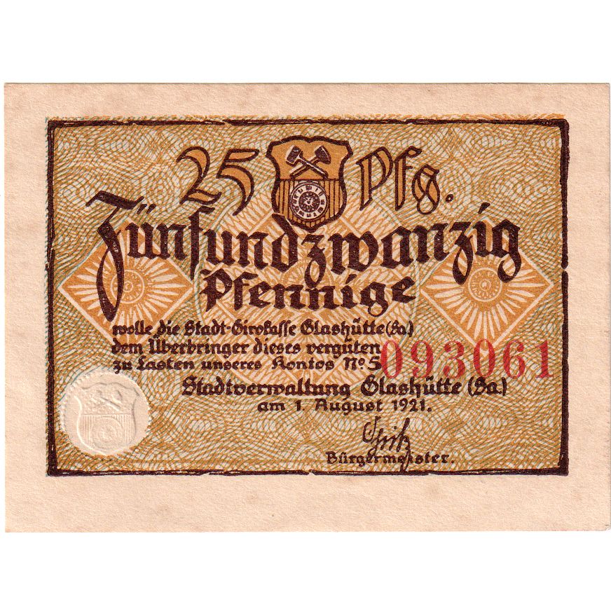 Niemcy, Glashutte, 25 Pfennig, 1921-08-01, UNC(63)