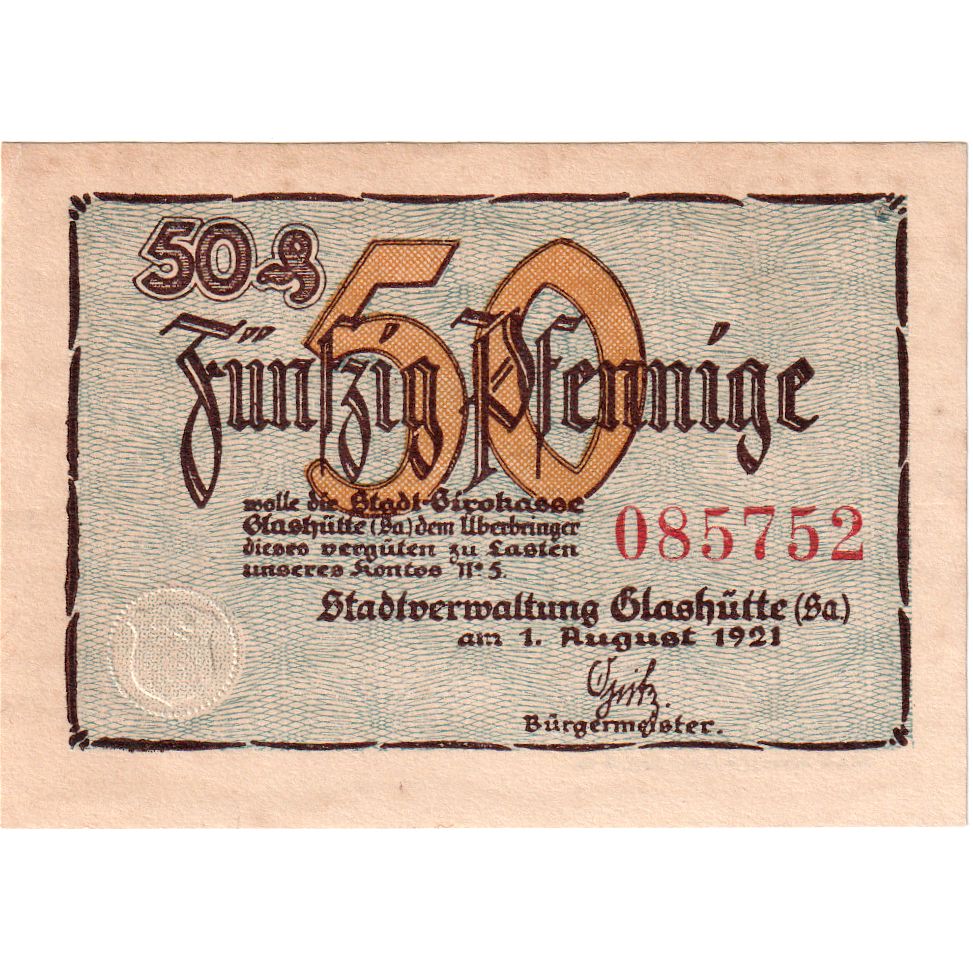 Niemcy, Glashutte, 50 Pfennig, 1921-08-01, UNC(63)